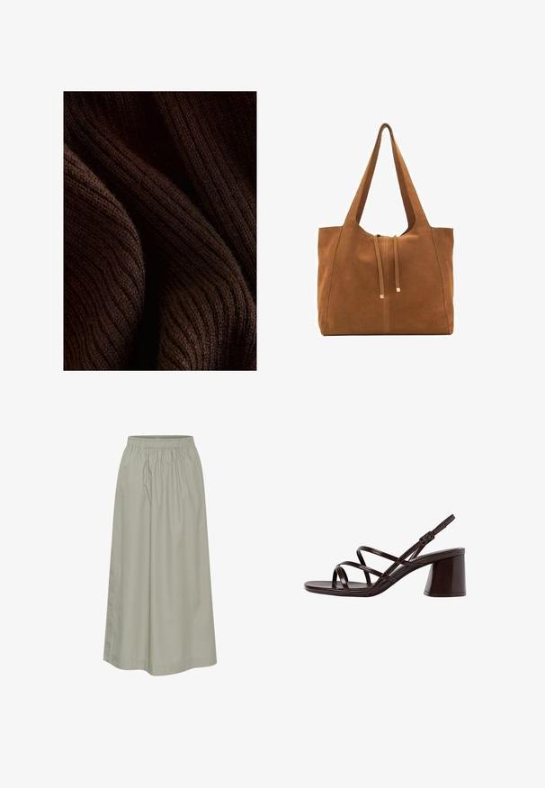 Ciemnobrązowy, prążkowany materiał o miękkiej teksturze, z falistym wzorem i subtelnym połyskiem, złożony w celu ukazania głębi i wymiaru.; Jasnozielona spódnica do kolan z miękkiego materiału, z elastycznym pasem, z marszczoną konstrukcją i dyskretnymi detalami szwów.; Brązowe sandały na wysokim obcasie z grubym obcasem, z gładkim, błyszczącym wykończeniem i wieloma krzyżującymi się paskami na cholewce.; Brązowa torba tote z zamszu z dwoma długimi paskami, zamknięciem na sznurek i minimalistycznym wzornictwem. Gładka tekstura i brak widocznych akcentów metalowych.