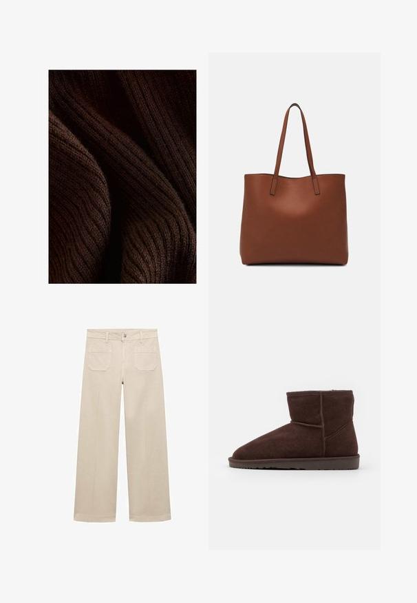 Mörkbrun ribbad tyg med en mjuk textur, med ett vågigt mönster och subtil lyster, vikt för att visa djup och dimension.; Beige vida byxor i bomull. Har dragkedja, en framknapp och två bakfickor. Ren fåll utan utsmyckningar.; Bruna mockaskor av ankellängd med rund tåsdesign och mjukt innerfoder, med en platt gummisula och ton-i-ton sömnadsdetaljer.; Brun läder tote-väska med en slät textur, öppen toppdesign och två axelremmar. Har minimal söm och ingen synlig metalldetalj.