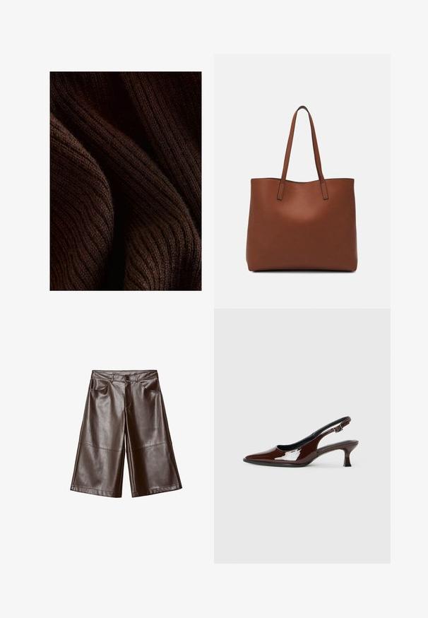 Tamno smeđi rebrasti materijal s mekanom teksturom, s valovitim uzorkom i suptilnim sjajem, presavijen kako bi se prikazala dubina i dimenzija.; Smeđe kratke hlače od umjetne kože širokih nogavica do koljena s prednjim džepovima i petljama za remen, položene ravno na bijeloj pozadini.; Smeđe patentne kožne cipele s otvorenom petom, špicastim vrhom i umjerenom petom. Imaju remen s kopčom za sigurno pristajanje. Glatka tekstura.; Smeđa kožna torba preko ramena s glatkom teksturom, otvorenim vrhom i dvjema naramenicama. Ima minimalne šavove i nema vidljivog hardvera.