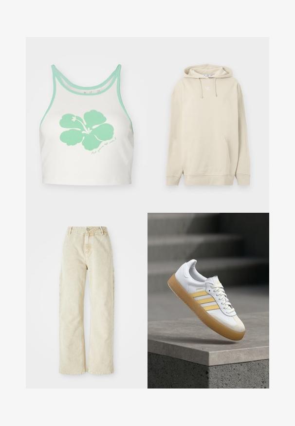 Beeži kapuutsiga pusakott puuvillast, millel on ees tasku, soonikkoes varrukasäär ja väiksem valge logo rinnal. Pehme tekstuur.; Valge lühike topp mina rohelise äärega ja ees suure mintroheline hibiskuse lille graafikuga, mille all on käsitsi kirjutatud tekst.; Beezikad laiad denimpüksid kõrge taljega, millel on ees nupp ja luku sulgemine, vöölapid ja küljetaskud. Pehme tekstuur.; Valged nahast tossud kollaste aksentidega, kolme triibuga ja kummist tallaga. Omavad ümarat nina ja tekstuuriga keelt.