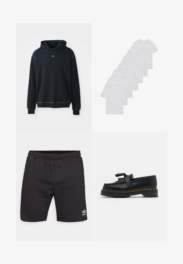 Fekete kapucnis pulcsi zsebbel, zöld varrási részletekkel és kis zöld logóval a mellkason. Húzózsinórral ellátott kapucnival és hosszú ujjakkal rendelkezik.; Fehér pamut pólók, rövid ujjúak, kerek nyak kialakítással, sima textúrával, sorba rakva, diszkrét logóval a nyaknál.; Fekete sportnadrág puha anyagból, rugalmas derékkal és egy kis fehér logóval a bal alsó lábszáron.; Fekete bőr mokaszin, rojtos díszítéssel, masszív fekete talppal és sárga varrással az élén. Texturált felület.