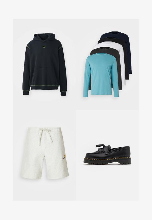 Čierna mikina s kapucňou a vreckom, s zelenými ozdobnými švami a malým zeleným logom na hrudi. Obsahuje šnúrku na stiahnutie a dlhé rukávy.; Päť tričiek s dlhým rukávom v rade: tyrkysová, čierna, biela, tmavošedá a námornícka modrá. Mäkká látka s kruhovým výstrihom a štandardným strihom.; Svetlošedé šortky vyrobené z textúrovaného materiálu. Majú nastaviteľný pás na šnúrku a malé logo na ľavej strane.; Čierne kožené loafre s detailom na strapcoch, s masívnou čiernou podrážkou a žltým prešitím pozdĺž okraja. S textúrovaným povrchom.