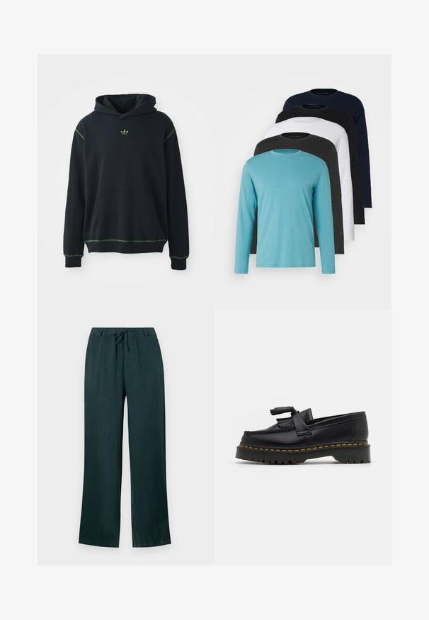 Melns džemperis ar kabatu, zaļiem izšuvumiem un mazu zaļu logotipu uz krūtīm. Iespējas ar aukliņu kapuci un garām piedurknēm.; Pieci garie piedurkņu T-krekli rindā: tirkīza, melna, balta, tumši pelēka un jūras zila. Mīksts audums ar apaļu kakla izgriezumu un standarta piegriezumu.; Tumši zaļi lina bikses ar brīvu piegriezumu, ar aukliņu jostu un platām kājām, gluda tekstūra un bez redzamām rakstām.; Melnas ādas mokasīni ar pērlītēm uzsvaru, ar masīvu melnu zoli un dzeltenu šuvumu gar malu. Ar teksturētu apdari.