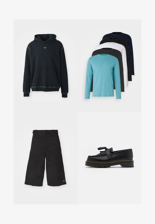 Black hoodie with a pocket, green stitching accents, and small green logo on the chest. Features a drawstring hood and long sleeves.; Five long-sleeve T-shirts in a row: turquoise, black, white, dark gray, and navy blue. Soft fabric with crew neck design and standard fit.; Black wide-leg shorts made of durable fabric. Features a smooth texture and a small logo on the hem. Four belt loops on the waistband.; Black leather loafer with a tasseled accent, featuring a chunky black sole and yellow stitching along the edge. Textured finish.