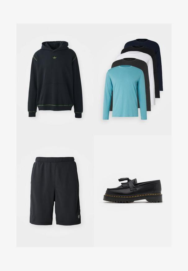 Crna dukserica s kapuljačom i džepom, s zelenim šavovima i malim zelenim logom na prsima. Ima kapuljaču s uzicom i dugačke rukave.; Pet dugih rukava u nizu: tirkizna, crna, bijela, tamno siva i mornarsko plava. Mekani materijal s dizajnom okruglog izreza i standardnim krojem.; Crne sportske kratke hlače od prozračnog mrežastog materijala, s elastičnom vrstom i suptilnim logotipom na donjoj desnoj strani.; Crna kožna loaferica s resicama, koja ima čvrst crni potplat i žute šavove duž ruba. Teksturirana završna obrada.