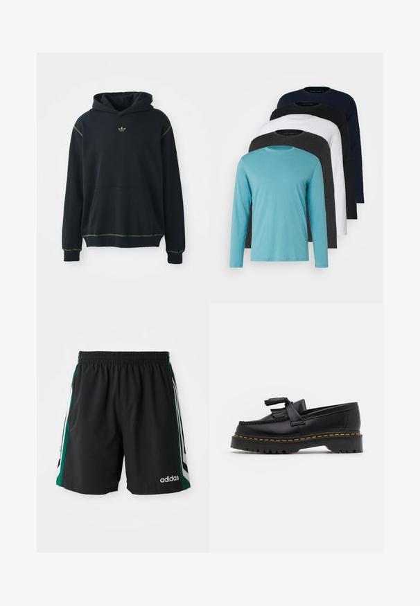 Um hoodie preto com um bolso, detalhes em costura verde e um pequeno logótipo verde no peito. Apresenta um capuz com cordão e mangas compridas.; Cinco T-shirts de manga longa em fila: turquesa, preto, branco, cinza escuro e azul-marinho. Tecido suave com design de gola redonda e ajuste padrão.; Calções de desporto pretos com um cós elástico, apresentando riscas laterais verdes e brancas e o logótipo "adidas" em branco na frente.; Mocassim de couro preto com um detalhe de franjas, apresentando uma sola preta robusta e costura amarela ao longo da borda. Acabamento texturizado.