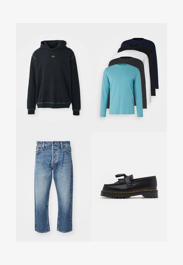 Felpa nera con cappuccio e tasca, con dettagli di cuciture verdi e un piccolo logo verde sul petto. Presenta un cappuccio regolabile e maniche lunghe.; Cinque magliette a maniche lunghe in fila: turchese, nera, bianca, grigio scuro e blu navy. Tessuto morbido con design a girocollo e vestibilità standard.; Jeans in denim di un blu chiaro con una finitura sbiadita. Presentano un taglio dritto, cinque tasche e una chiusura con bottone argentato.; Mocassino in pelle nera con un'accento a frange, dotato di una suola nera spessa e cuciture gialle lungo il bordo. Finitura testurizzata.