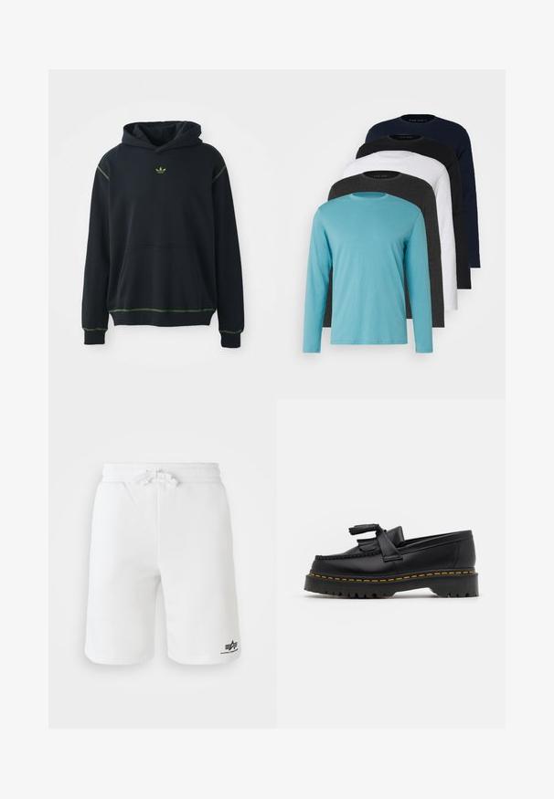 Felpa nera con cappuccio e tasca, con dettagli di cuciture verdi e un piccolo logo verde sul petto. Presenta un cappuccio regolabile e maniche lunghe.; Cinque magliette a maniche lunghe in fila: turchese, nera, bianca, grigio scuro e blu navy. Tessuto morbido con design a girocollo e vestibilità standard.; Pantaloni corti bianchi in cotone con elastico in vita e coulisse. Presentano un logo stampato sul lato sinistro in basso e una texture liscia.; Mocassino in pelle nera con un'accento a frange, dotato di una suola nera spessa e cuciture gialle lungo il bordo. Finitura testurizzata.