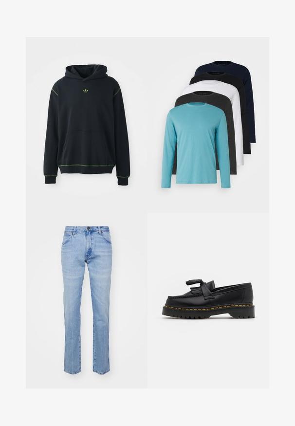 Must zwarte kapuutsiga, mis sisaldab taskut, roheline tikand ja väike roheline logo rinnal. Omab nööriga kapuutsi ja pikki varrukaid.; Viis pika varrukaga T-särki reas: türkiissinine, must, valge, tumehall ja marineeritud sinine. Pehme kangas, ümmargune kaelus ja tavaline lõike.; Heledad sinine denimist teksad sirge lõikega, viis taskut ja metallist nööbiga sulgemine. Omab õmblusi mööda õmblusi ja äärte.; Mustmust musta loafer, millel on frantsiisi aktsent, paks must tald ja kollane õmblus servas. Tekstuuriga viimistlus.