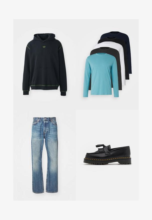 Juodas džemperis su kišene, žaliais siuvinėjimo akcentais ir mažu žaliu logotipu ant krūtinės. Turi reguliuojamą gobtuvą ir ilgomis rankovėmis.; Penki ilgomis rankovėmis marškiniai išdėstyti eilėje: turkio, juodos, baltos, tamsiai pilkos ir tamsiai mėlynos spalvų. Minkšta medžiaga su apvalia apykakle ir standartiniu gaminiu.; Šviesiai mėlynos džinsinės kelnės su klasikinio tiesaus kirpimo dizainu, nusidėvėjimu bei matomomis siūlėmis. Dėlionėje yra priekiniai kišenės ir diržo kilpos.; Juodas odinis loaferis su kutais, turintis masyvų juodą pado ir geltonus siūlus palei kraštą. Textūruota danga.