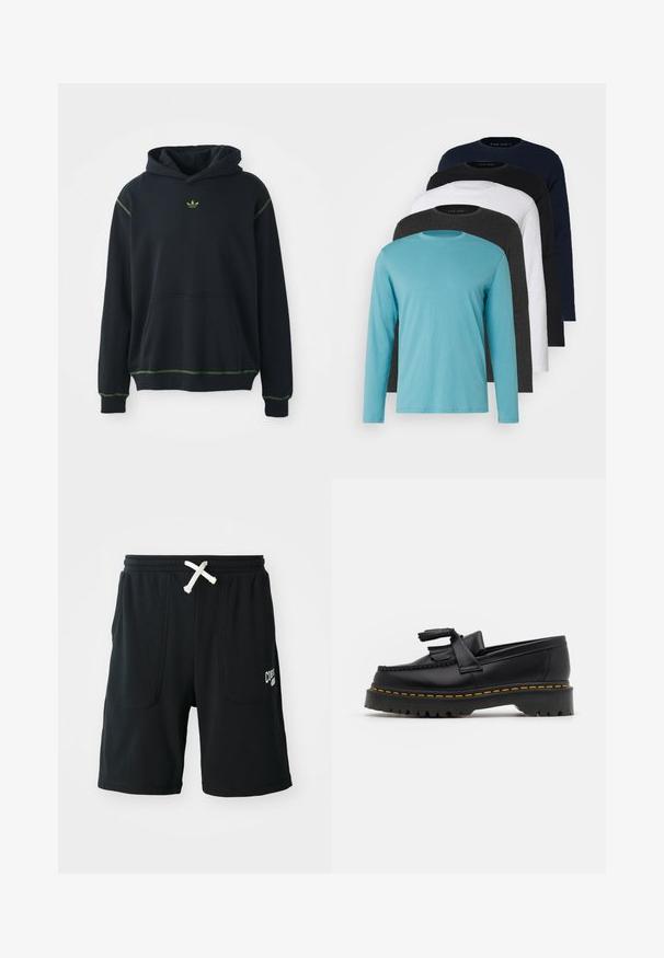 Sudadera negra con bolsillo, con costuras verdes y pequeño logo verde en el pecho. Presenta capucha con cordón y mangas largas.; Cinco camisetas de manga larga en fila: turquesa, negra, blanca, gris oscuro y azul marino. Tejido suave con diseño de cuello redondo y ajuste estándar.; Pantalones cortos negros de tela suave con una cinturilla elástica y un cordón blanco, dos bolsillos delanteros y un logo en la pierna izquierda.; Mocasín de cuero negro con un acento de borlas, que presenta una suela gruesa negra y costuras amarillas a lo largo del borde. Acabado texturizado.