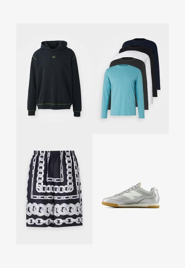 Melns džemperis ar kabatu, zaļiem izšuvumiem un mazu zaļu logotipu uz krūtīm. Iespējas ar aukliņu kapuci un garām piedurknēm.; Pieci garie piedurkņu T-krekli rindā: tirkīza, melna, balta, tumši pelēka un jūras zila. Mīksts audums ar apaļu kakla izgriezumu un standarta piegriezumu.; Melni šorti ar lieliem sudraba ķēdes rakstiem, ar elastīgu jostu un brīvu piegriezumu, izgatavoti no gludas auduma.; Sudraba sporta apavi ar gludu, spīdīgu virsmu, balto logo sānos, teksturētām pelēkajām šņorēm un gumijas zoli.