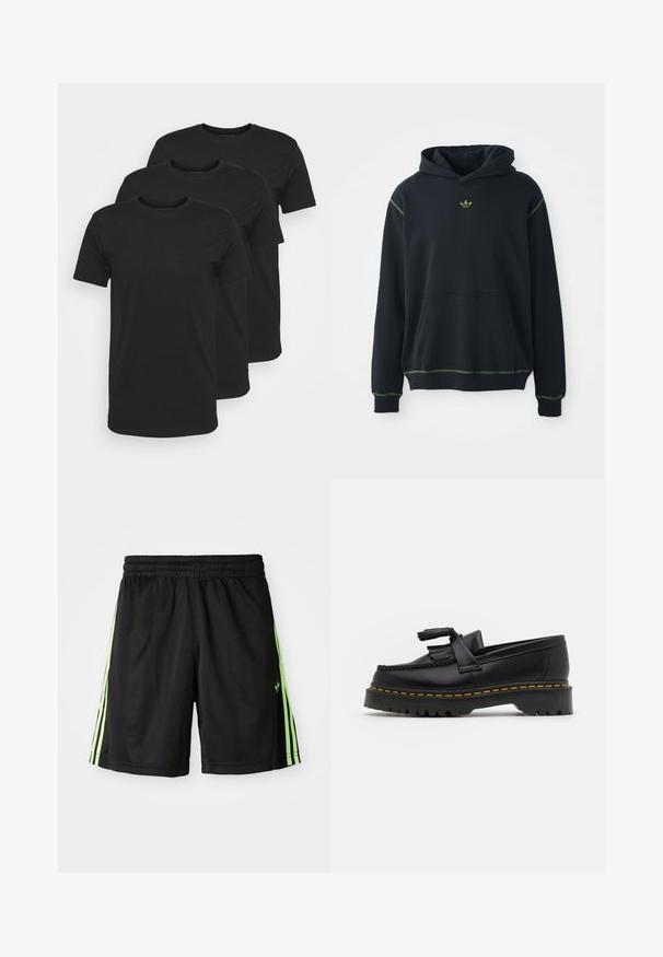 Čierna mikina s kapucňou a vreckom, s zelenými ozdobnými švami a malým zeleným logom na hrudi. Obsahuje šnúrku na stiahnutie a dlhé rukávy.; Tričko z čierneho bavlneného materiálu, krátke rukávy, okrúhly výstrih, hladká textúra, bez viditeľných vzorov, naskladané vertikálne na bielom pozadí.; Čierne športové šortky s elastickým pásom, pričom na každej strane sú dve vertikálne neonové zelené pruhy a na prednej ľavej strane je malá značka.; Čierne kožené loafre s detailom na strapcoch, s masívnou čiernou podrážkou a žltým prešitím pozdĺž okraja. S textúrovaným povrchom.