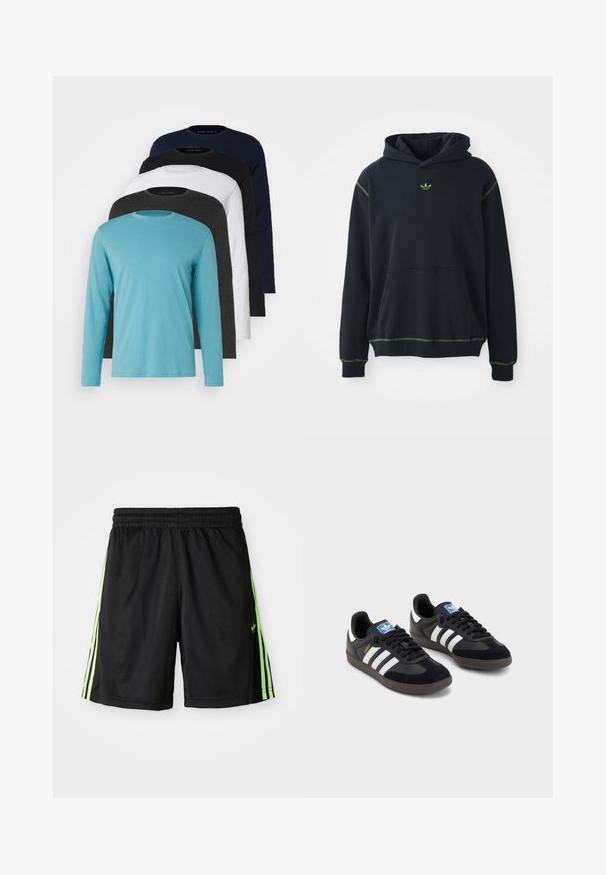 Must zwarte kapuutsiga, mis sisaldab taskut, roheline tikand ja väike roheline logo rinnal. Omab nööriga kapuutsi ja pikki varrukaid.; Viis pika varrukaga T-särki reas: türkiissinine, must, valge, tumehall ja marineeritud sinine. Pehme kangas, ümmargune kaelus ja tavaline lõike.; Mustad mustad lühikesed püksid elastse vöökohaga, millel on iga külje peal kaks vertikaalset neoonrohelist triipu ja ees vasakul väike logo.; Mustad tossud, mille pealseks on seemisnahk ja sünteetilised materjalid, kolme valge triibuga, tekstureeritud kummitald ja sinine logo silt keele peal.