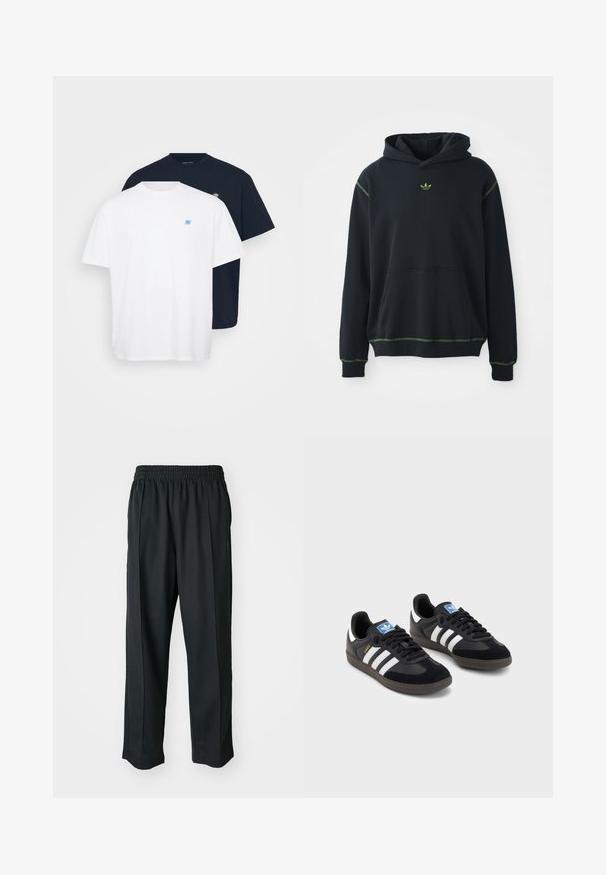 Crna dukserica s kapuljačom i džepom, s zelenim šavovima i malim zelenim logom na prsima. Ima kapuljaču s uzicom i dugačke rukave.; Dva majice: jedna bijela s malim plavim logom, a druga mornarskoplava s odgovarajućim logom. Obje su od pamuka, s okruglim izrezom i kratkim rukavima.; Crne atletske hlače s elastičnim pojasom, izrađene od glatkog materijala, s diskretnim bočnim šavovima i opuštenim krojem, ravne nogavice.; Crne tenisice s gornjim dijelom od antilopa i sintetičkog materijala, s tri bijele pruge, teksturiranom gumenom potplatom i plavom oznakom na jeziku.