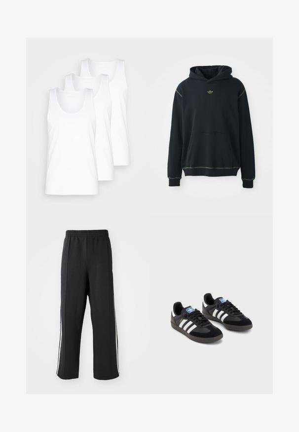 Schwarzer Hoodie mit einer Tasche, grünen Nähakzenten und kleinem grünem Logo auf der Brust. Hat eine Kapuze mit Kordelzug und lange Ärmel.; Drei weiße Baumwoll-Tanktops mit runden Ausschnitten und breiten Trägern, in einem gestapelten Arrangement präsentiert, glatte Textur, einfaches Design.; Schwarze Jogginghose mit elastischem Bund, ausgestattet mit weißen seitlichen Streifen und einem lässigen Schnitt. Hergestellt aus weichem, dehnbarem Stoff.; Schwarze Sneaker mit einem Obermaterial aus Wildleder und Synthetik, ausgestattet mit drei weißen Streifen, einer strukturierten Gummi-Sohle und einem blauen Logo-Tag auf der Zunge.