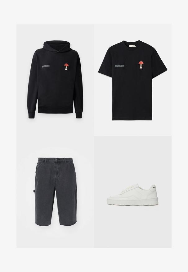 Black hoodie with a front kangaroo pocket, featuring a red and white mushroom embroidery on the chest and white text on the side.; Black cotton t-shirt featuring a textured red mushroom embroidery on the left chest and white text graphics on the opposite side.; Dark denim cargo shorts with a straight cut, featuring side pockets, visible stitching, and a raw hem. Durable, lightweight fabric.; White leather sneaker with a smooth finish, round toe, flat laces, and a textured sole. Features a subtle logo on the heel.