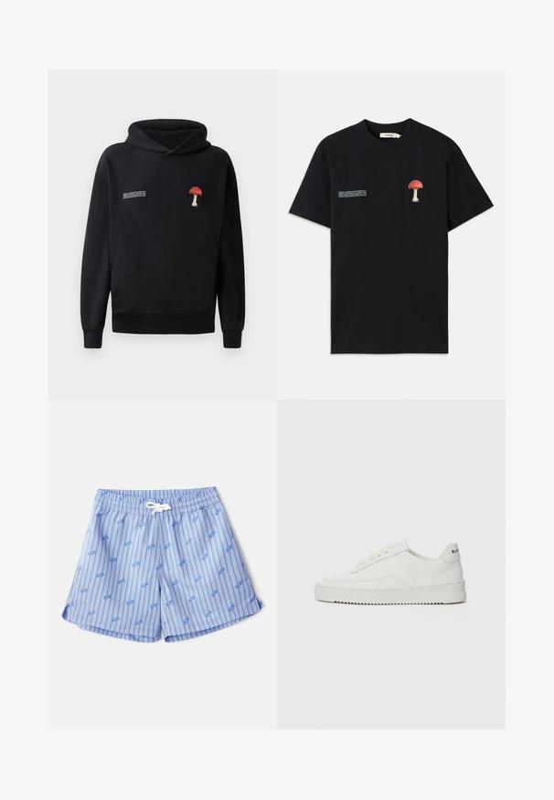 Black hoodie with a front kangaroo pocket, featuring a red and white mushroom embroidery on the chest and white text on the side.; Black cotton t-shirt featuring a textured red mushroom embroidery on the left chest and white text graphics on the opposite side.; Light blue swim trunks with vertical white stripes and small blue logos. Features an elastic waistband with a white drawstring and side slits.; White leather sneaker with a smooth finish, round toe, flat laces, and a textured sole. Features a subtle logo on the heel.