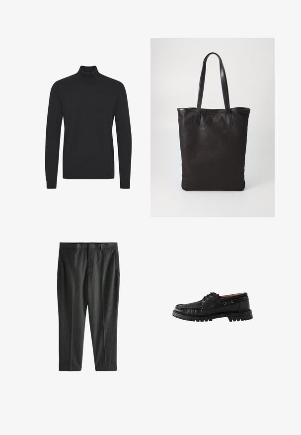 Musta poolkaelusneule, joka on valmistettu sileästä kankaasta. Siinä on pitkät hihat sekä joustavat hihansuut ja helma. Yksinkertainen, koristelematon muotoilu.; Next STRIPE-REGULAR FIT - Chinot - charcoal grey; Musta nahkainen veneenkenkä, jossa on pyöristetty kärki, nauhakiinnitys ja teksturoitu kumipohja. Sisältää ompeluakoristeet ja metalliset nauha-aukot.; Mustat kangaskassit mustilla nahkahandleilla. Yksinkertainen muotoilu, tilava runko ja sileä pinta. Ei näkyviä logoja tai kuvioita.