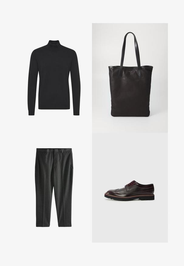 Suéter negro de cuello alto hecho de tejido suave, con mangas largas y puños y dobladillo de canalé. Diseño simple y sin adornos.; Next STRIPE-REGULAR FIT - Pantalones chinos - charcoal grey; Zapatos brogue de cuero marrón con detalles perforados, puntera redondeada, acentos de textil y suela de goma negra con un borde de color.; Bolsa tote de lona negra con asas de cuero negro. Diseño sencillo, cuerpo espacioso y textura suave. Sin logos ni patrones visibles.