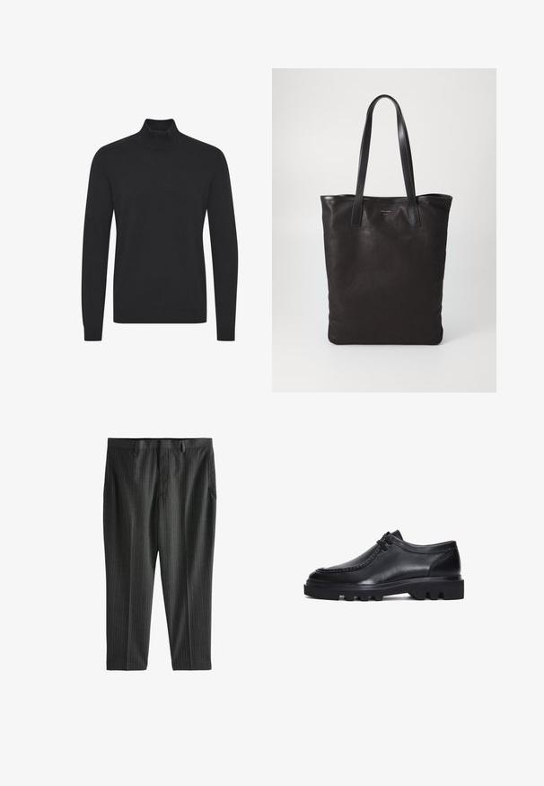 Pull à col roulé noir en tissu lisse, avec des manches longues et des poignets et un ourlet côtelés. Design simple et sans ornements.; Next STRIPE-REGULAR FIT - Chino - charcoal grey; Chaussures en cuir noir avec un bout rond, des détails cousus et une semelle épaisse et robuste présentant des rainures distinctives. Design à lacets simple.; Sac fourre-tout en toile noire avec des poignées en cuir noir. Design simple, corps spacieux et texture lisse. Pas de logos ou motifs visibles.