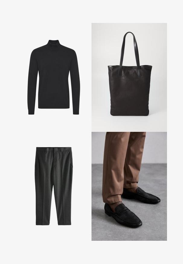 Fekete garbó pulóver sima anyagból, hosszú ujakkal és bordás mandzsettával, illetve aljjal. Egyszerű, díszítés nélküli kialakítás.; Next STRIPE-REGULAR FIT - Vászonnadrágok - charcoal grey; Fekete loaferek textúrált mintázattal, lekerekített orral és alacsony profillal. Barna nadrággal párosítva egy szürke felületen.; Fekete vászontáska fekete bőr füllel. Egyszerű dizájn, tágas test és sima textúra. Nincsenek látható logók vagy minták.