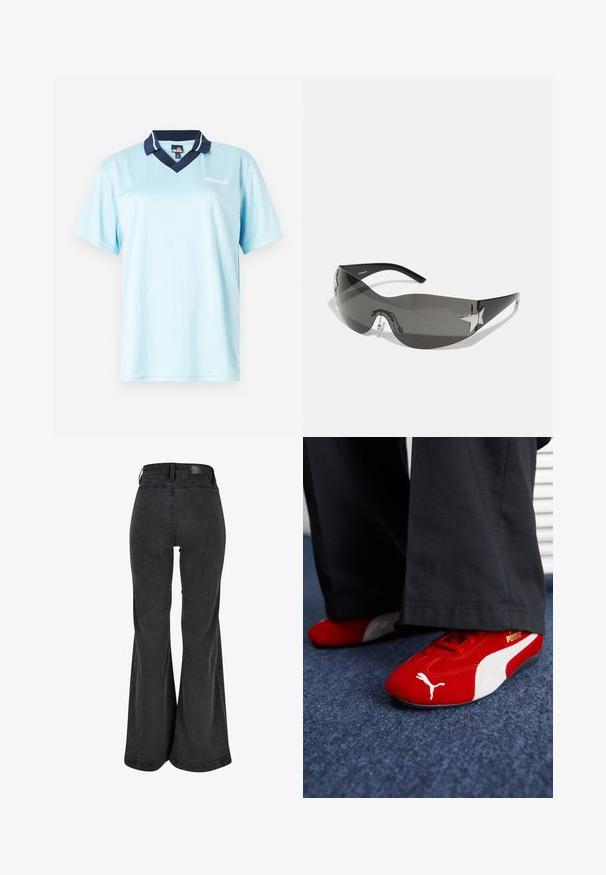 Modrá mikina vyrobená z bavlněné směsi s klokaní kapsou, žebrovanými manžetami a bílým nápisem "OFF LIMITS" na přední straně.; Svetle modré polokošile s krátkým rukávem a námořnickým límcem. Vertikální pruhy a akcent loga na přední straně. Hladký, lehký materiál.; Černé rozšířené džíny s hladkým povrchem, vysokým pasem a logem na zadní straně. Vyznačují se širokým střihem a zesíleným šitím.; Červené semišové tenisky s bílými detaily, mají texturovaný materiál, kulatou špičku a zlaté logo na boku, nošené s černými kalhotami.; Černé sluneční brýle s okrajem kolem celého obličeje, tmavými skleněmi, lesklými hvězdicovými akcenty a nastavovacími nosními polštářky.