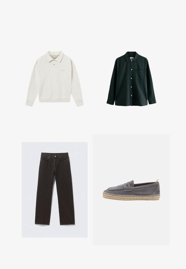 Šviesiai pilkas polo megztinis, pagamintas iš švelnios medžiagos, su sagų apykakle, gumuotomis rankovėmis ir auksiniu siuvinėjimu prie krūtinės.; Tamsiai žalia marškinėliai su apykakle, ilgomis rankovėmis ir viena krūtinės kišene; turi baltus mygtukus ir švelnų tekstūrą.; Juodi džinsai su tiesiomis kelnėmis, penkiomis kišenėmis ir vario spalvos siūlais. Lygi tekstūra, klasikinis mygtuko užsegimas liemens srityje.; Pilkas drobės slip-on tipo batas su pintu jūros dumblo padu ir kontrastinga geltona akcentu ant kulno, pasižymintis lygiu tekstūru ir minimalistiniu dizainu.