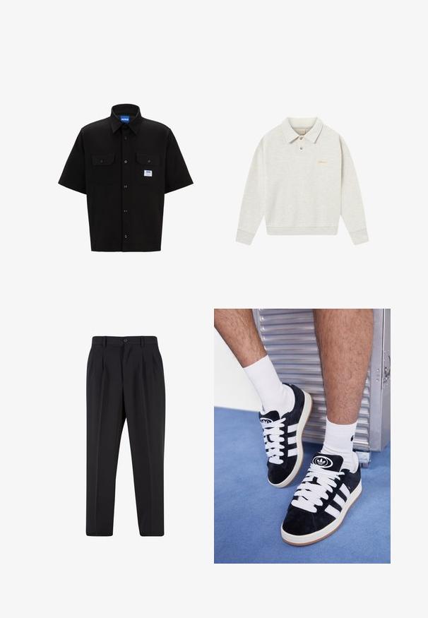 Helles graues Polo-Sweatshirt aus weichem Stoff, mit Knopfleiste, gerippten Bündchen und goldenem gestickten Logo in der Nähe der Brust.; Schwarzes Kurzarmhemd mit strukturiertem Kragen, zwei Fronttaschen, Knopfleiste und einem kleinen blau-weißen Logosticker auf der linken Seite.; Schwarze Hose mit plissiertem Vorderdesign, aus glattem Stoff gefertigt. Mit Knopfverschluss und Gürtelschlaufen; gerade Passform.; Schwarze Wildledersneaker mit weißen Schnürsenkeln und drei weißen Streifen. Verfügt über ein kreisförmiges schwarzes Logo auf der Zunge und eine Gummisohle.