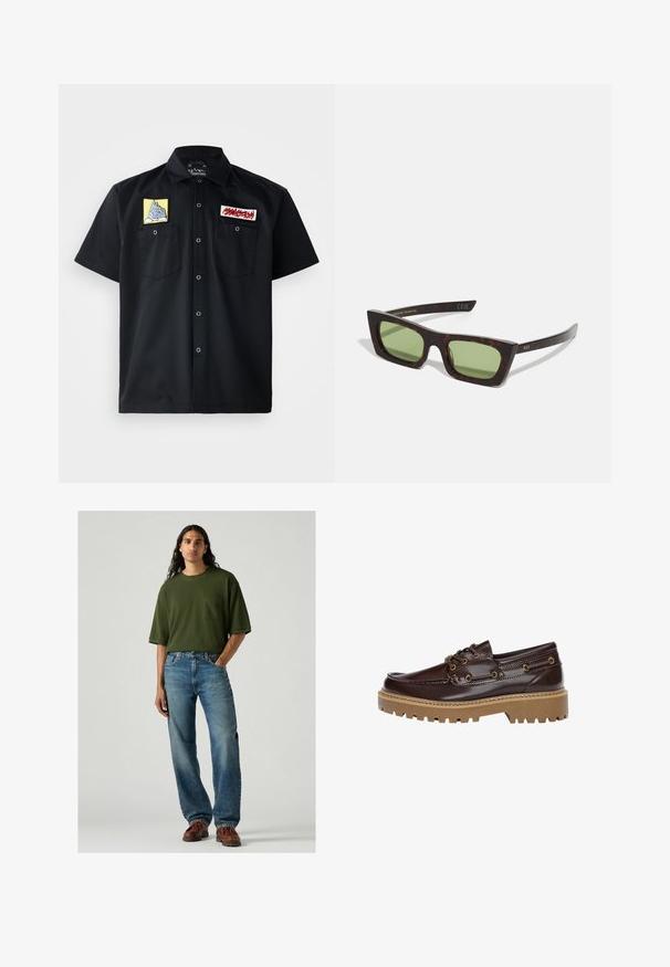 Lichtgrijs polo sweatshirt gemaakt van zachte stof, met een knoopsluiting, geribde boorden en geborduurde branding in goud nabij de borst.; Zwarte short-sleeve shirt met daarop twee geborduurde patches op de borst: een geel bergontwerp en een rode tekstpatch. Voorkant met drukknoopsluiting.; Groene t-shirt met korte mouwen en een borstzak, gecombineerd met lichtblauwe spijkerbroek. Het model staat in bruine schoenen op een grijze achtergrond.; Bruine leren bootschoen met gestructureerde afwerking, voorzien van gouden hardware accenten, een dikke tan rubberen zool en een klassiek vetersluitingsontwerp.; Tortoiseshell zonnebril met een rechthoekig frame, groene glazen en slanke armen. Accentueert met gouden tekst op de poot.