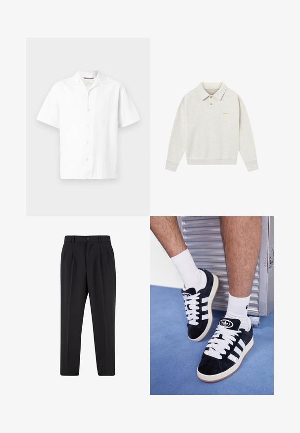 Svetlo sivi polo pulover iz mehkega materiala, z gumbastim zapenjanjem, rebrastimi manšetami in vezenim logotipom v zlati barvi blizu prsnega dela.; Bela kratka majica s kratkimi rokavi iz teksturirane tkanine. Ima ovratnik s prerezom in pet sprednjih gumbov ter ravno obrobje. Lahka zasnova.; Bela bombažna majica s krojem na vratu, kratkimi rokavi in ohlapnim fitom. Ima enostaven dizajn brez vzorcev ali dodatkov.; Črne hlače z nabranim sprednjim delom, narejene iz gladkega materiala. Imajo gumbasto zapiranje in zanke za pas; ravne hlačnice.; Črne semiš teniske z belimi vezalkami in tremi belimi črtami. Imajo okroglo črno oznako na jezičku in gumijast podplat.