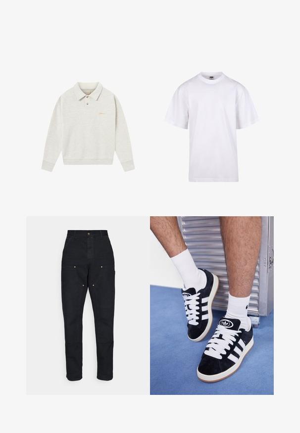 Svetlo sivi polo pulover iz mehkega materiala, z gumbastim zapenjanjem, rebrastimi manšetami in vezenim logotipom v zlati barvi blizu prsnega dela.; Bela bombažna majica s krojem na vratu, kratkimi rokavi in ohlapnim fitom. Ima enostaven dizajn brez vzorcev ali dodatkov.; Carhartt WIP DOUBLE KNEE PANT - Hlače - black aged canvas; Črne semiš teniske z belimi vezalkami in tremi belimi črtami. Imajo okroglo črno oznako na jezičku in gumijast podplat.