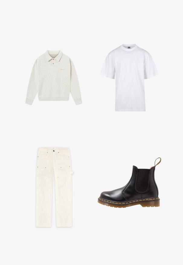 Lichtgrijs polo sweatshirt gemaakt van zachte stof, met een knoopsluiting, geribde boorden en geborduurde branding in goud nabij de borst.; Witte katoenen t-shirt met een ronde hals, korte mouwen en een relaxte pasvorm. Heeft een eenvoudig ontwerp zonder patronen of accenten.; Lichtbeige broek van gestructureerde stof, met voor- en zijzakken, metalen hardware en geperste logo-details op de benen.; Zwarte lederen Chelsea-boot met elastische zijkanten, gele stiksels en een getextureerde rubberen zool. Voorzien van een aantrekband voor gemakkelijke instap.