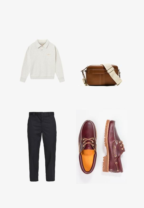 Lichtgrijs polo sweatshirt gemaakt van zachte stof, met een knoopsluiting, geribde boorden en geborduurde branding in goud nabij de borst.; Zwarte chino's van lichtgewoven katoen, met een rechte pijp, zijzakken en een knoopsluiting bij de taille.; Bordeaux leren schoenen met bruine rubberen zolen, ronde neus, witte stiksels en gouden veterogen. Het interieur heeft een gele voering.; Bruine leren schoudertas met witte stiksels, rechthoekige vorm, ritsafsluiting en een verstelbare beige schouderband. Heeft twee voorvakken.