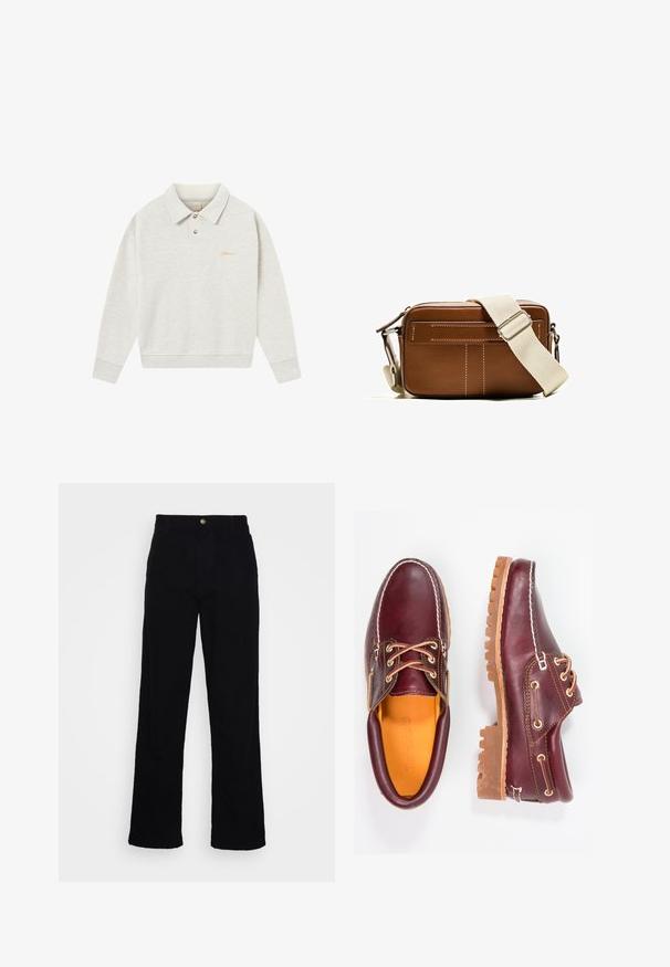 Svijetlo siva polo dukserica napravljena od mekanog materijala, s dugmadi, rebrastim manžetama i izvezenim logotipom u zlatnoj boji blizu prsnog dijela.; Crne, visoko strukirane traperice ravnog kroja izrađene od gladkog denima, sa prednjim zatvaranjem na dugme i dizajnom s pet džepova.; Burgundske kožne cipele s smešnim gumenim potplatima, okruglim vrhom, bijelim šavovima i zlatnim rupama za vezivanje. Unutrašnjost ima žutu podstavu.; Smešasta kožna torba preko tijela smeđe boje s bijelim šavovima, pravokutnog oblika, zatvaranjem na zip, i bež podesivim remenom. Sadrži dva prednja džepa.