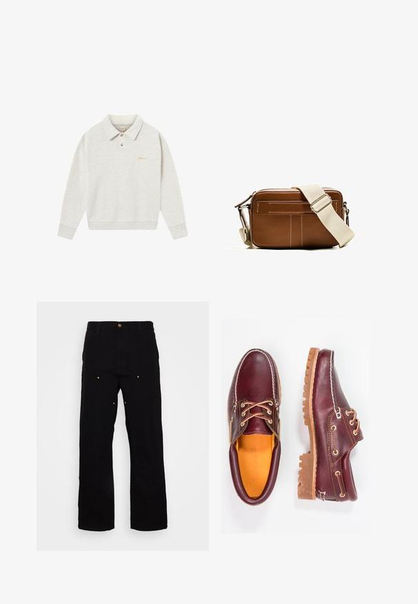 Svetlosivý polo mikin s jemnou látkou, ktorý má gombíkovú légou, rebrované manžety a vyšívané logo v zlatej farbe blízko hrudníka.; Čierne džínsy s rovnými nohavicami, s prvkami zlatého kovania a viditeľným prešívaním na predných a zadných vreckách.; Bordové kožené topánky s hnedými gumovými podrážkami, okrúhlou špičkou, bielym prešívaním a zlatými kovaniami. Interiér má žlté podšívku.; Hnedá kožená crossbody taška s bielym prešívaním, obdĺžnikový tvar, so zipsom a béžovým nastaviteľným popruhom. Obsahuje dve predné vrecká.