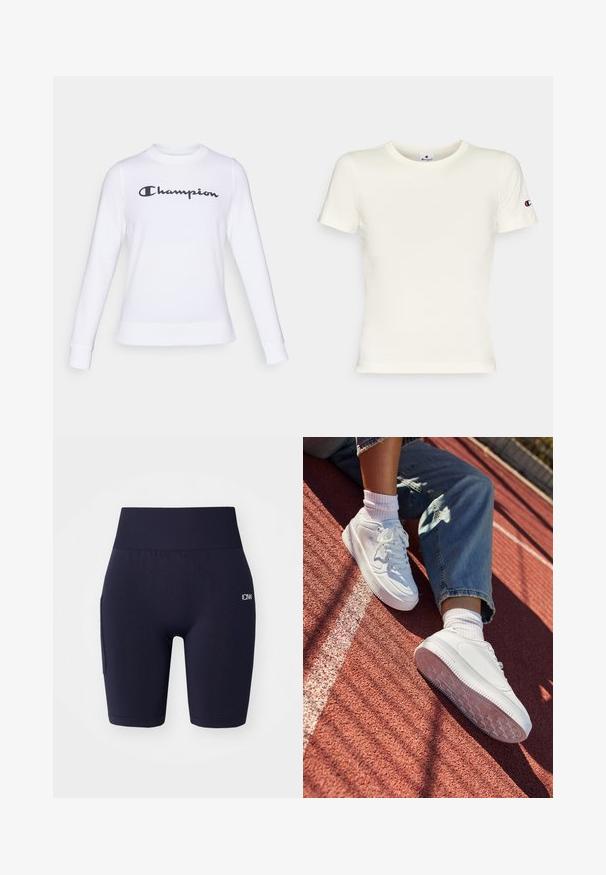 Felpa bianca in cotone con maniche lunghe, scollo a girocollo e il logo "Champion" nero sul petto. Presenta polsini e orlo a costine.; T-shirt a maniche corte color crema in cotone, con colletto rotondo e logo ricamato sulla manica sinistra. Tessuto morbido, vestibilità classica.; Shorts sportivi blu navy realizzati in un materiale elastico, con una vita alta, aperture per le gambe e una tasca laterale con dettaglio del logo.; Sneakers in pelle bianca con punta perforata, lacci piatti e suola in gomma. Indossati con calze bianche e jeans azzurri, su una pista da corsa rossa.