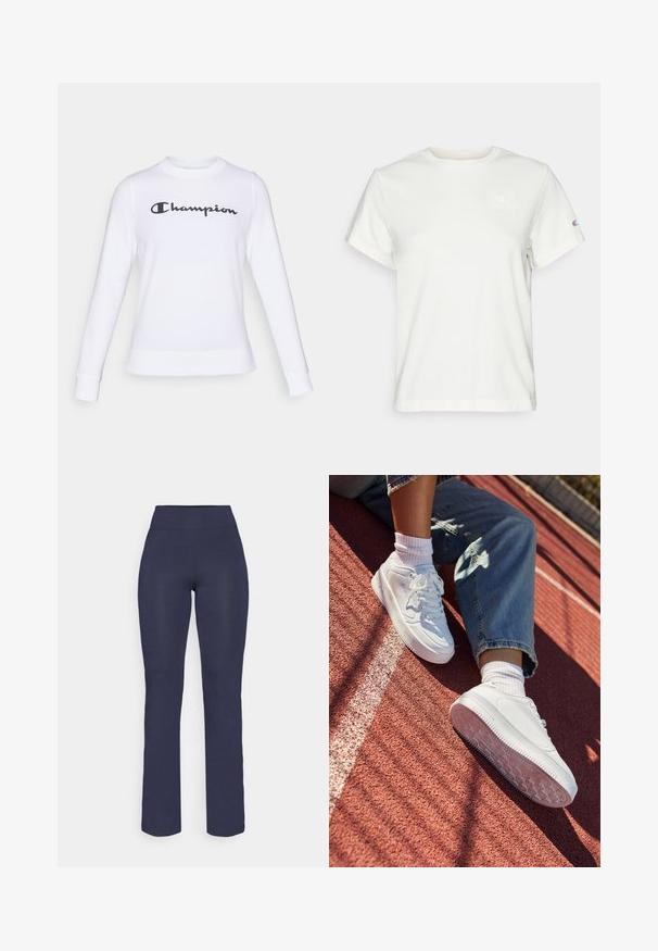 Bela trenirka iz bombaža z dolgimi rokavi, okroglim izrezom in črnim logotipom "Champion" čez prsi. Ima rebraste manšete in rob.; Bela kratka bombažna majica s kratkimi rokavi in krožnim izrezom ter majhnim logotipom na zgornjem levem prsnem delu. Mehka tekstura in standardna prileganja.; Temno modri, oprijeti jogijski hlače z visokim pasom in ravnimi nogami, izdelane iz gladkega, raztegljivega materiala. Brez vidnih vzorcev ali dodatkov.; Bele usnjene športne copate s perforiranim prstom, ravne vezalke in gumijastim podplatom. Obute z belimi nogavicami in svetlo modrimi kavbojkami, na rdečem tekaškem stadionu.