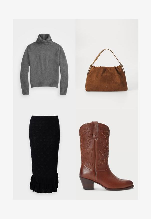 Grå turtleneck-tröja tillverkad av ett mjukt stickat material, med en ribbad krage och nederkant, långa ärmar och en avslappnad passform.; Svart stickad kjol med ett strukturerat diamantmönster, volangvid i nederkanten och en slits på sidan. Materialet verkar mjukt och något genomskinligt.; Brun läder cowboystövel med spetsig tå, präglad västerländsk design och en staplad klack. Har sömmar och en slät yta.; Brun mockaläderhandväska med ett samlat mönster, som har en enkel rem i tanläder och en subtil guldfärgad logotypdetalj på framsidan.
