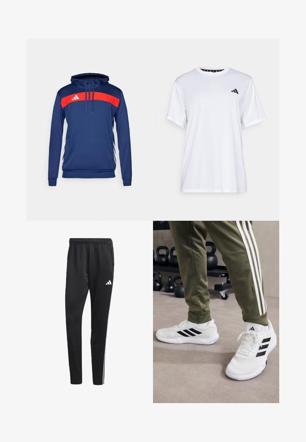 Felpa con cappuccio blu navy con una striscia orizzontale rossa che presenta un logo bianco. Maniche lunghe, colletto con lacci e accenti laterali a contrasto.; Maglietta sportiva bianca a maniche corte, realizzata in tessuto traspirante. Presenta un logo nero sul lato sinistro del petto e un collo interno a fantasia.; Pantaloni sportivi neri con una cintura elastica, strisce laterali bianche e un piccolo logo bianco sulla coscia. Realizzati in un materiale liscio e leggero.; Scarpe da ginnastica bianche con strisce nere, texture in rete e colletto imbottito, abbinate a pantaloni verde oliva con strisce laterali bianche.