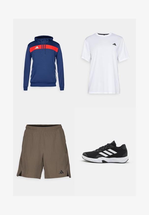 Mornarska dukserica s kapuljačom, tamnoplave boje, s crvenom horizontalnom prugom koja sadrži bijeli logo. Dugi rukavi, ovratnik s vezicom i kontrastni bočni detalji.; Bijela atletska majica kratkih rukava, napravljena od tkanine koja upija vlagu. Ima crni logo na lijevoj strani prsiju i uzorčeni unutarnji obrub dekoltea.; adidas Performance Sportske kratke hlače - shadow olive; Crne atletske cipele s teksturiranim mrežastim gornjim dijelom, bijelim naglasnim trakama, podstavljenim potplatom i ojačanim petom za podršku.