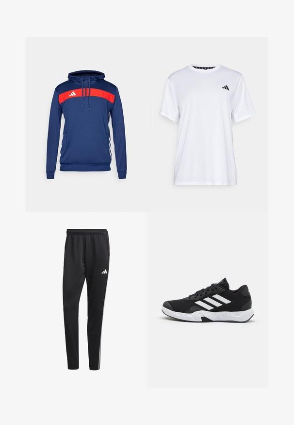 Sudadera con capucha azul marino con una franja horizontal roja que presenta un logotipo blanco. Mangas largas, cuello con cordón y acentos laterales en contraste.; Camiseta atlética blanca de manga corta, hecha de una tela que absorbe la humedad. Presenta un logo negro en el lado izquierdo del pecho y un cuello interior con un diseño estampado.; Pantalones deportivos negros con una cinturilla elástica, rayas laterales blancas y un pequeño logo blanco en el muslo. Fabricados con un material suave y ligero.; Zapatillas deportivas negras con una parte superior de malla texturizada, rayas de acento blancas, suela acolchada y talón reforzado para mayor soporte.