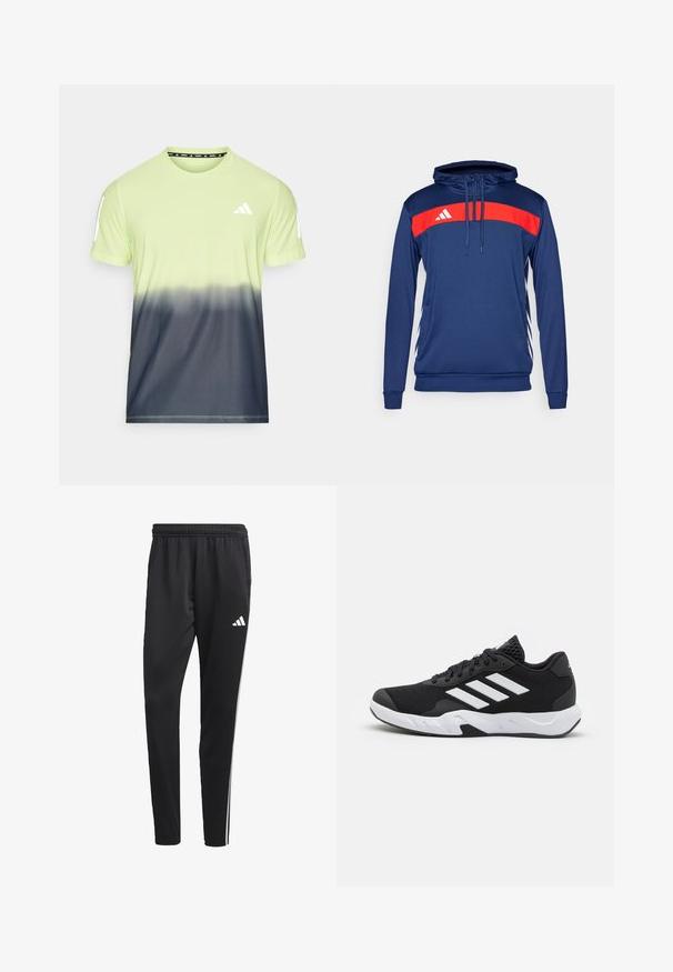 Tumes kapuutsiga dressipluus, millel on punane horisontaalne triip ja valge logo. Pikad varrukad, stringiga kaelus ja kontrastsed küljeaktsendid.; Meeste lühikeste varrukatega jõudluspusa, millel on gradient heledast laimikesest kuni tumeda hallini. Valmistatud hingavast kangast koos logo detailidega.; Mustad mustri värvi spordipüksid venitatava vööõhuga, valged külgtriibud ja väike valge logo reie peal. Valmistatud siledast, kergest materjalist.; Mustad mustosportlikud jalanõud, millel on tekstuuriga võrkpealne, valged aksenttriibud, pehme tallaga ja tugevdatud konts toe jaoks.