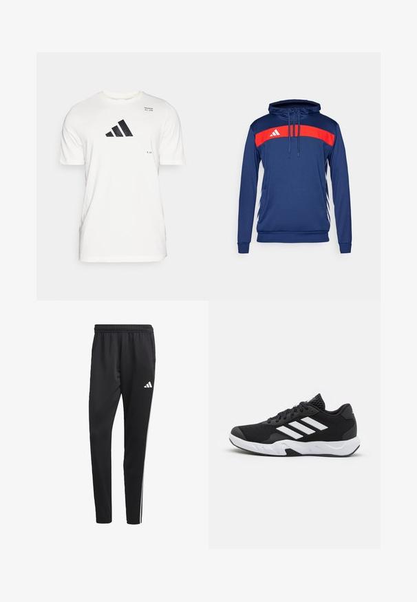 Marine hettegenser med en rød horisontal stripe som har en hvit logo. Lange ermer, snor i halsen, og kontrasterende sidedelel.; adidas Performance ALL GYM CATEGORY GRAPHIC - T-shirts med print - chalk white; Sorte treningsbukser med en elastisk midje, hvite side.striper og en liten hvit logo på låret. Laget av et glatt, lett materiale.; Sorte joggesko med teksturert mesh-overdel, hvite aksentstriper, en polstret såle og en forsterket hæl for støtte.