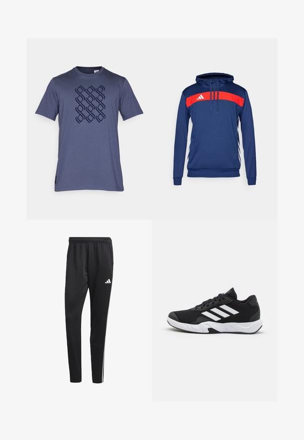 Námornícky modrá mikina s kapucňou a červeným horizontálnym pruhom s bielym logom. Dlhé rukávy, šnúrka na krku a kontrastné postranné akcenty.; adidas Performance JUVENTUS TURIN SZN TEE - Klubové oblečenie - trace blue; Čierne športové nohavice s elastickým pásom, bielymi bočnými pruhmi a malým bielym logom na stehne. Vyrobené z hladkého, ľahkého materiálu.; Čierne športové topánky s textúrovaným sieťovinovým zvrškom, bielymi akcentovými pruhmi, polstrovanou podrážkou a spevneným pätou pre podporu.