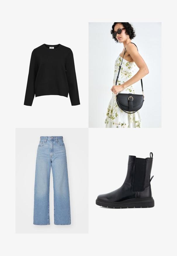 Schwarzer Strickpullover mit Rundhalsausschnitt, langen Ärmeln und lockerer Passform. Glatte Textur ohne sichtbare Muster oder Akzente.; Hellblaue High-Waist-Weite-Leg-Jeans mit Knopf- und Reißverschluss vorne, Vorder- und Rückentaschen, auf weißem Hintergrund.; Schwarze Knöchelstiefel aus glattem Leder mit elastischen Seitenpaneelen, einer Zugschlaufe an der Rückseite und einer dicken Gummisohle.; Schwarze Lederhandtasche mit geschwungener Form, abnehmbarem Tragegurt und goldenen Beschlägen. Die Tasche verfügt über einen Deckel mit einer Schnallen-Details.