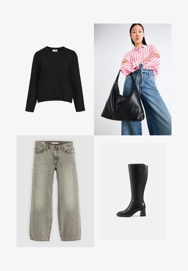 Pull en maille noir avec un col rond, des manches longues et une coupe décontractée. Texture lisse sans motifs ni accents visibles.; Jean large en denim gris clair. Il présente un style traditionnel à cinq poches et un léger délavage sur l'ensemble du tissu.; Botte noire en cuir, haute jusqu'au genou, avec un talon carré. Texture lisse, design ajusté, détails de couture minimaux et bout arrondi.; Sac à épaule en cuir noir avec une forme décontractée et des détails de couture. Le modèle porte une chemise rayée rose et blanche avec un jean bleu à jambes larges.