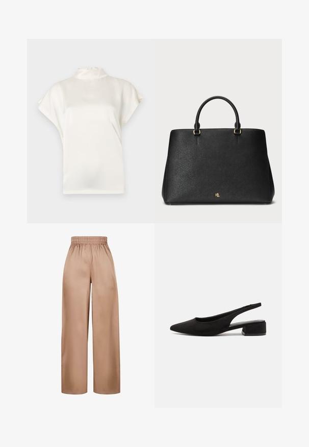Lichte crèmekleurige coltrui met ribbelstructuur, raglanmouwen en een aansluitende zoom. Zacht materiaal en een ontspannen silhouet.; Crème, hoog gesloten blouse met korte mouwen, gemaakt van gladde stof. Heeft een subtiele glans en een knoopsluiting bij de achterste halslijn.; Brede, lichtbruine broek van gladde stof met een elastische tailleband, met een eenvoudig ontwerp en zonder verdere versieringen.; Call it Spring BECKYY B.E.D FOAM - Klassieke pumps - black; Zwarte leren handtas met een gestructureerd ontwerp, een gladde textuur en twee bovenhandvatten. Beschikt over gouden accenten en een logo op de onderkant.