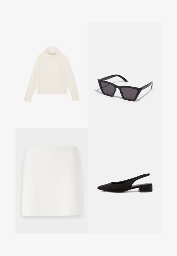 Pull à col roulé crème clair avec texture côtelée, manches raglan et ourlet ajusté. Matériau doux et silhouette décontractée.; Jupe mini blanche ajustée avec une texture lisse et des lignes épurées. Pas de motifs ou de quincaillerie visibles. Ourlet droit en bas.; Call it Spring BECKYY B.E.D FOAM - Escarpins - black; Lunettes noires angulaires avec des verres gris ; fabriquées en plastique, avec des branches épaisses à la surface lisse et sans matériel visible.; Sac à main en cuir noir au design structuré, texture lisse et deux anses supérieures. Comprend des accents dorés et un logo en bas.