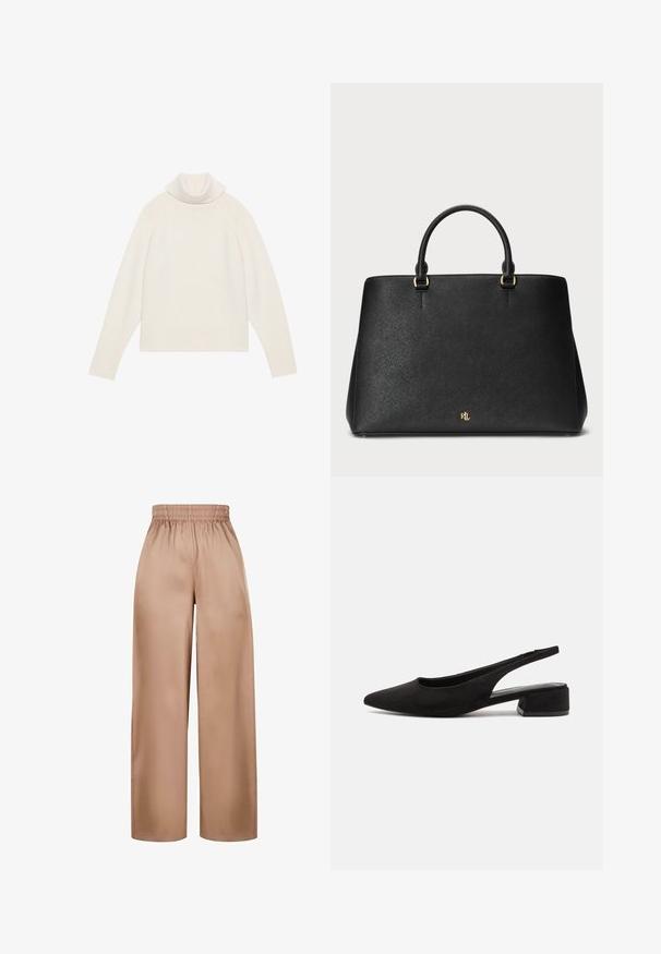 Pull à col roulé crème clair avec texture côtelée, manches raglan et ourlet ajusté. Matériau doux et silhouette décontractée.; Pantalons à jambes larges, de couleur marron clair, fabriqués dans un tissu lisse avec une taille élastique, présentant un design simple sans embellissements supplémentaires.; Call it Spring BECKYY B.E.D FOAM - Escarpins - black; Sac à main en cuir noir au design structuré, texture lisse et deux anses supérieures. Comprend des accents dorés et un logo en bas.